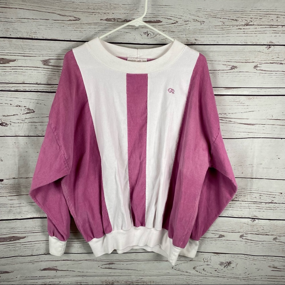 Oscar de la Renta White and Pink Striped Crewneck Sweater